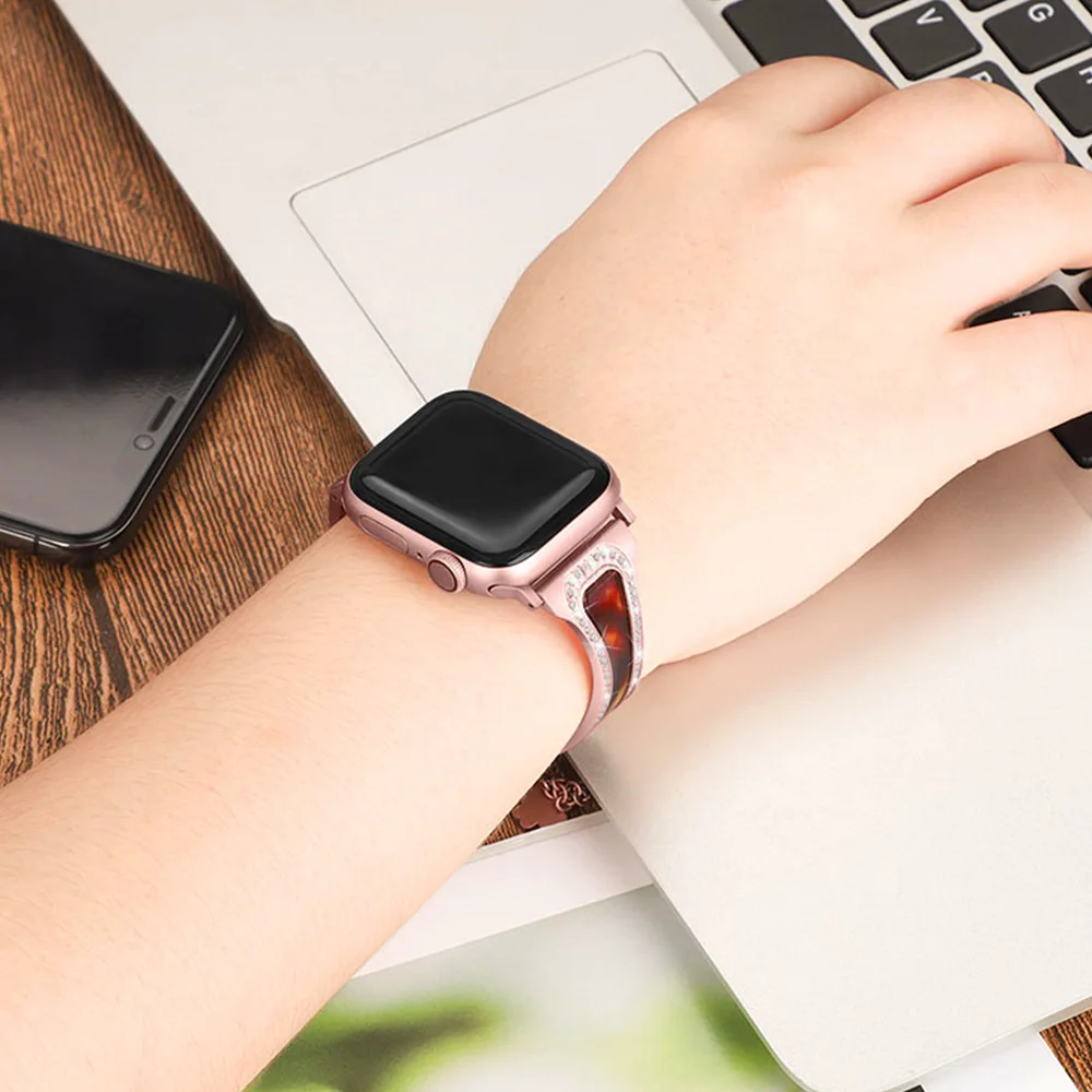 Браслет из нержавеющей стали для Apple Watch 5, ремешок 40 мм, 44 мм, ремешок iWatch 38 мм, 42 мм, браслет из смолы с бриллиантами, ремешок для Apple watch 4, 3, 21