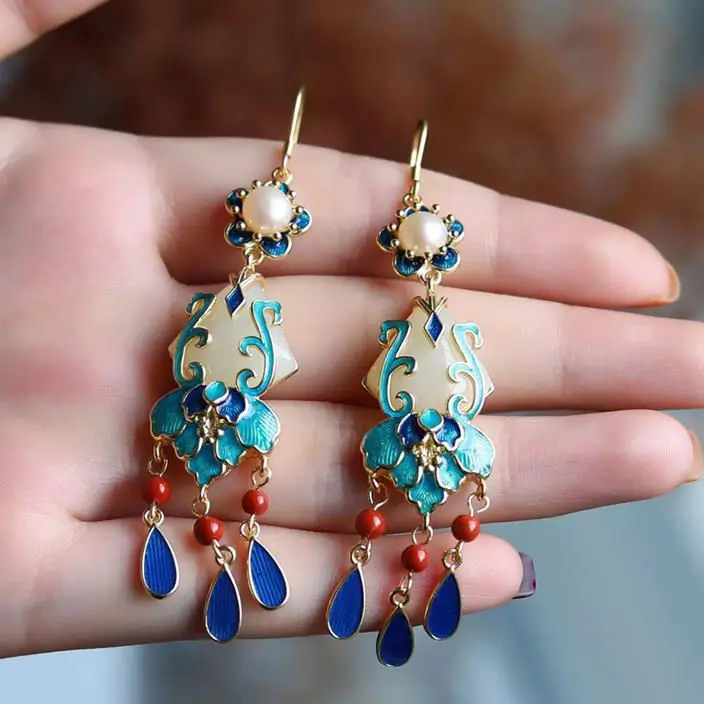 

Antique Earrings Chinese Style Tassel Complex Classical Sterling Silver Burnt Blue Lotus Earrings Hetian Jade Earrings Female Te