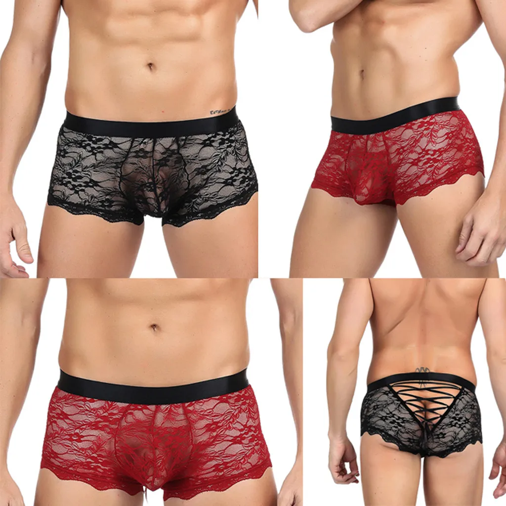 

Sexy Lace Panties Men's Solid Comfortable Lingreie Seamless Slim Underwear Erotic Mid Waist Hollow Underpanties #3