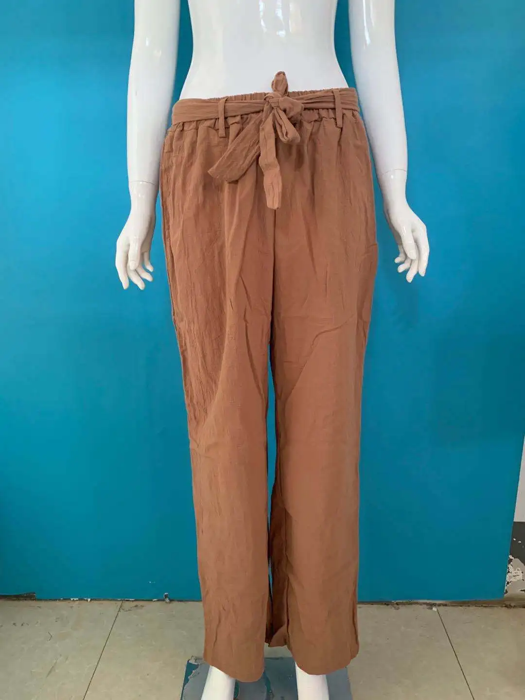 

WEPBEL Women's Casual Elastic Waist Wide-Leg Pants Spring and Summer Solid Color Loose Lace-up Trousers