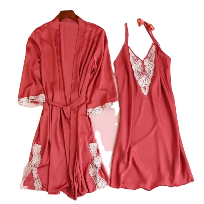 

Ice Silk Female 2PCS Sleepwesr Sexy Deepv-neck Lace Robe Suspender Nightdress Suit With Chest Pad Casual Silky Satin Homeclothes