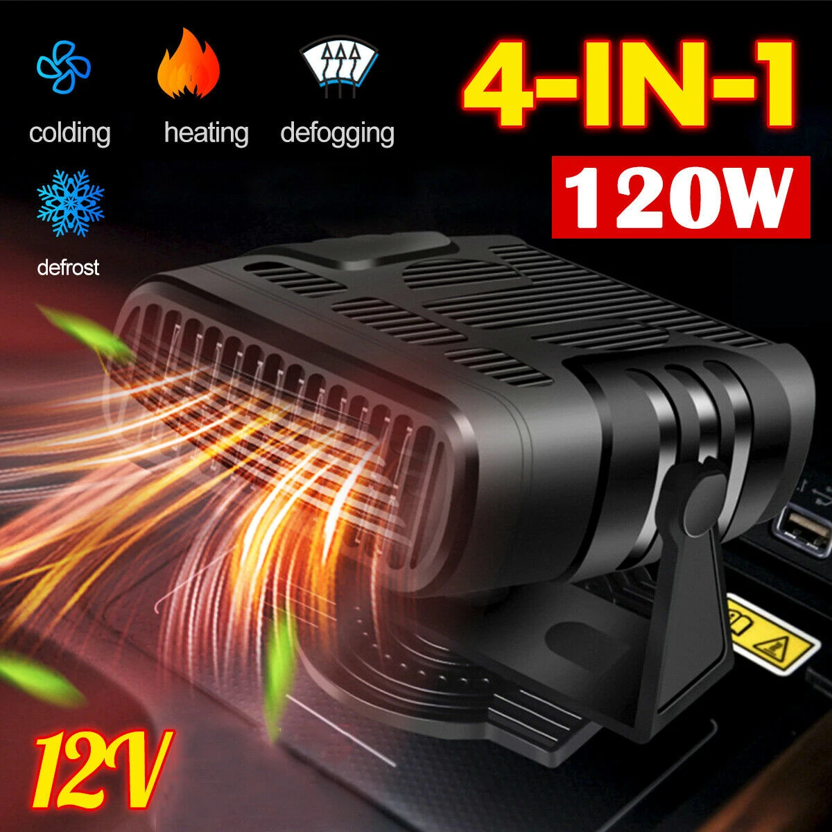 

12V Heated 120W 360° Adjustmen Car Heater Portable 4 IN 1 Electric Heater Air Purifier Cooler Fan Defogging Defroster Auto Truck