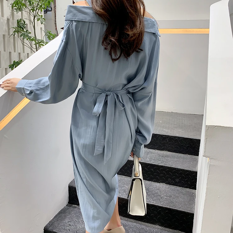 

Design sense off-shoulder sexy shirt dress 2020 new temperament irregular and careful pure color shirt skirt women