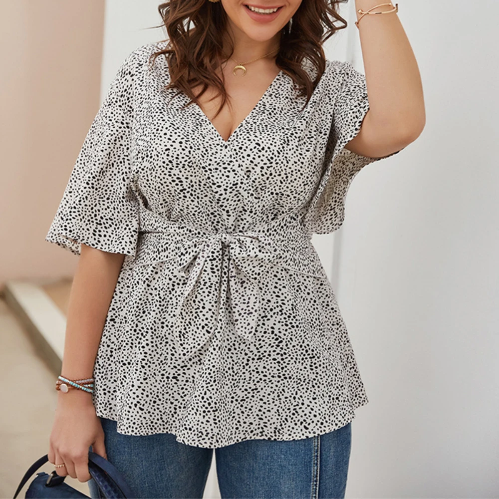 

2021 New Women Fashion Summer Short Sleeve Polka Dot V-Neck Plus Size Slim Waist Top Blouse Sashes Shirt Office Lady Elegant