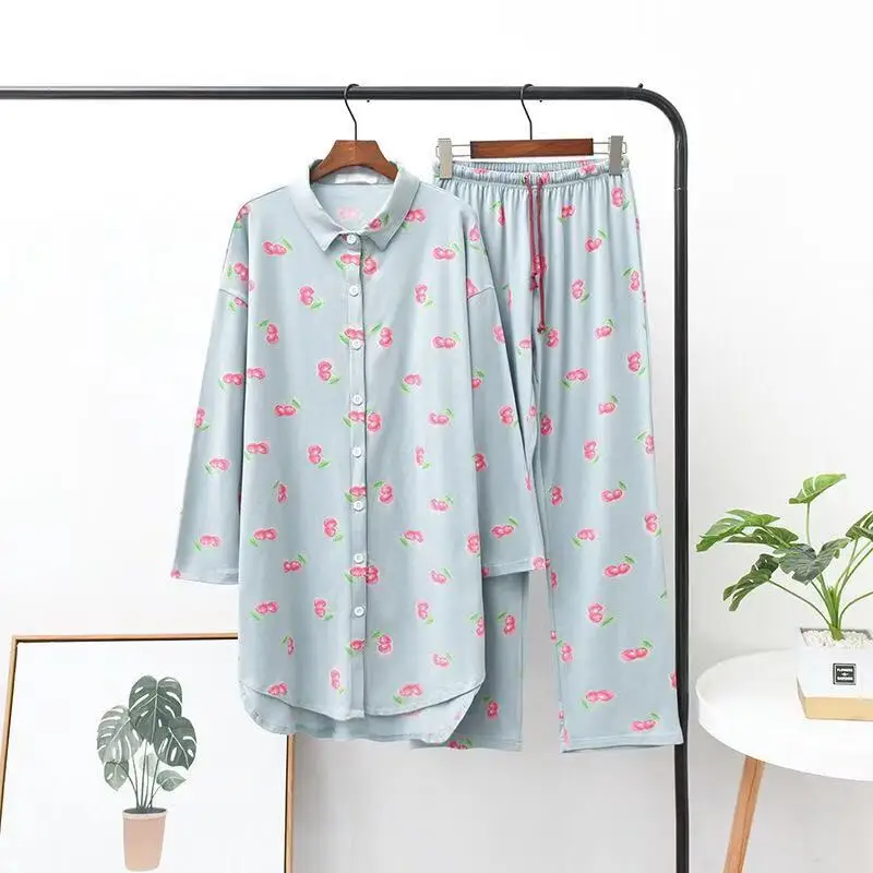 Осенне зимняя Пижама женская новинка 100% хлопок костюм милый маленький вишневый