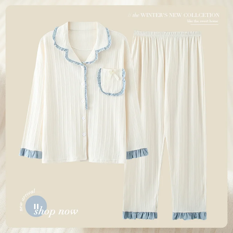 Autumn Winter Knitted Cotton Women Pajamas Set Long Sleeve Turn-down Collar Cardigan Loose Soft M-4XL Female Homewear