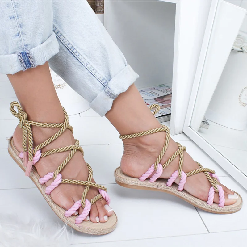 Женские сандалии-гладиаторы пляжные сандалии на плоской подошве со шнуровкой