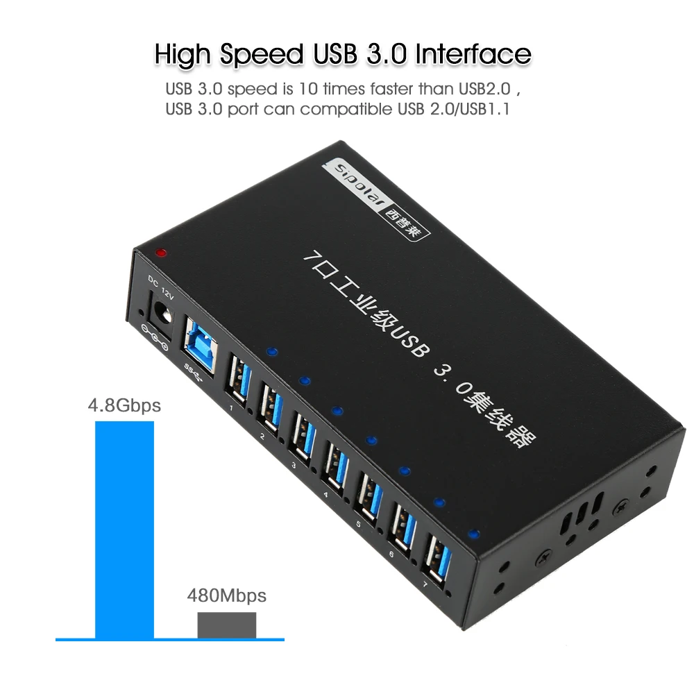 Фото Sipolar Алюминиевый 7 портов s USB 3,0 зарядное устройство для передачи данных разветвитель с несколькими портами USB разветвитель с мощностью 12 В 3 А №2