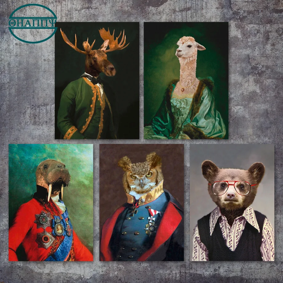 

Walrus Llama Owl Bear Moose Gentleman Wall Art Canvas Painting Nordic Animal Wall Pictures For Livingroom Decor picture Unframed