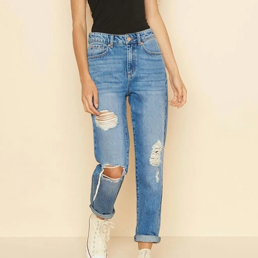 2020 Blue Ripped Distressed Boyfriend Ankle Denim Jeans Women Casual Summer Autumn Plain Straight Leg Pants Spring Trousers #3 | Женская