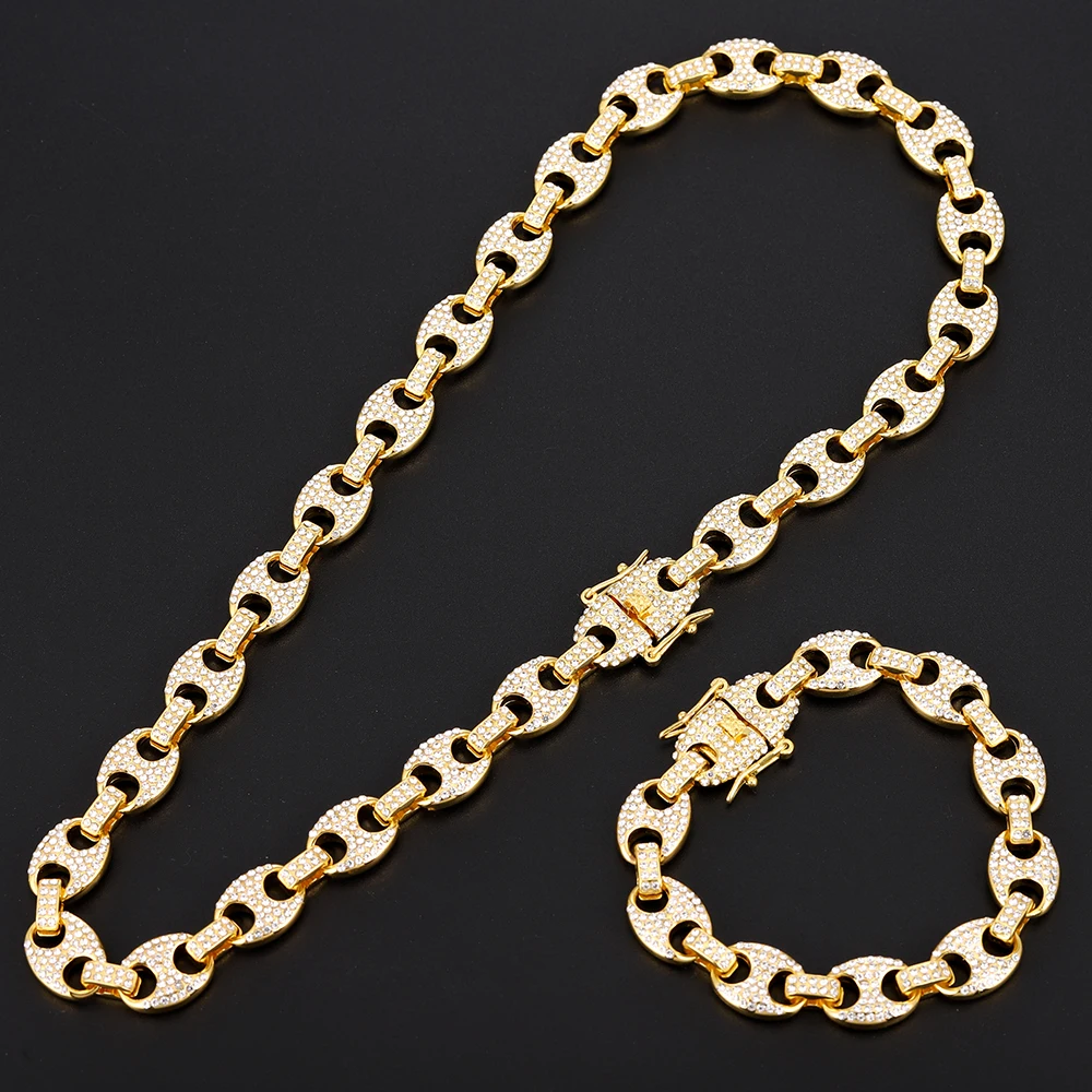 

Chain + Bracelet Set Hip Hop Coffee Ice Alloy Bean Pig Nose Rhinestone Necklace Men's Necklace Chain Necklace Women