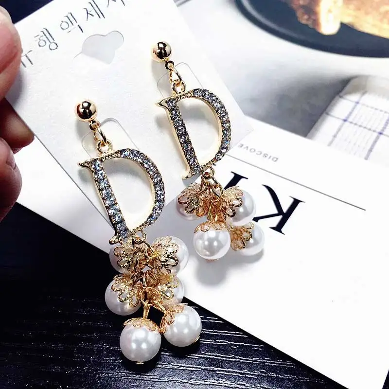 Luxury Brand Long Pearl Drop Earrings For Women Crystal Letter D Earring Female Wedding Fashion Jewelry oorbellen 2020