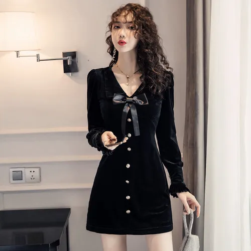TingYiLi Black Velvet Dress Autumn Winter Long Sleeve Elegant Ladies Dresses Vintage V-neck Short Party | Женская одежда