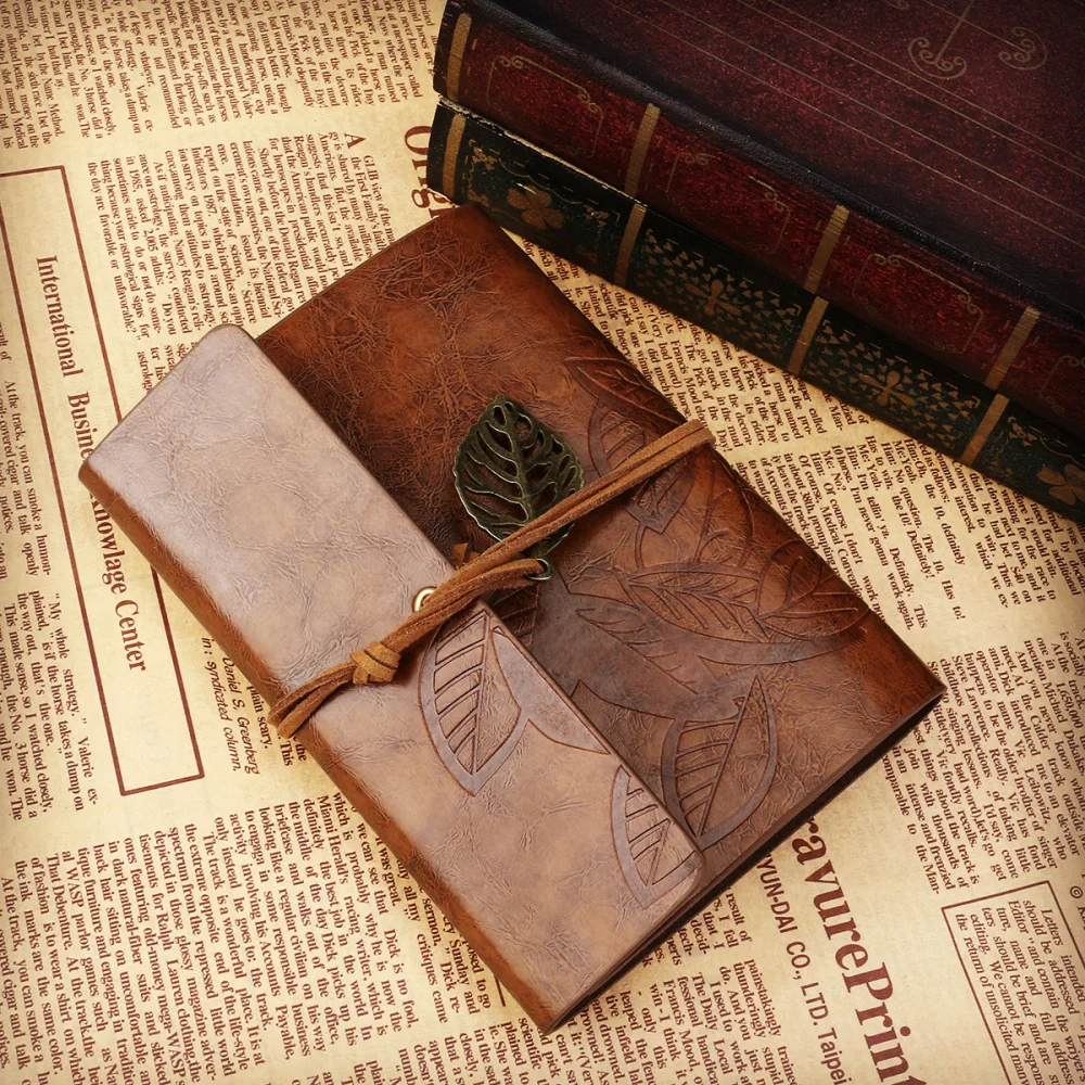 

TINKSKY Vintage Style Leaf Leaves Pattern PU Cover Loose-leaf String Bound Blank Notebook Notepad Travel Journal Diary Jotter -