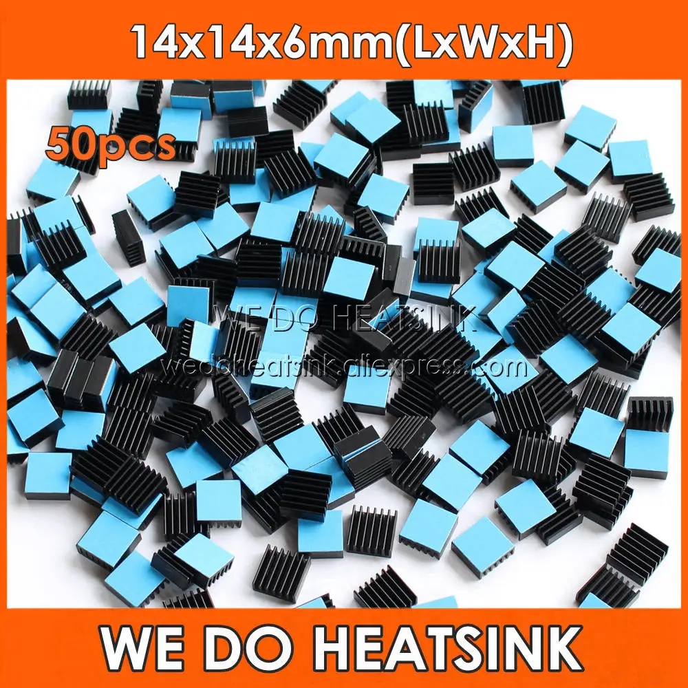 

WE DO HEATSINK 50pcs 14x14x6mm Black Aluminum Radiators Cooler Aluminium Heatsink For Ram Chips IC With Blue Thermal Pad Sticky