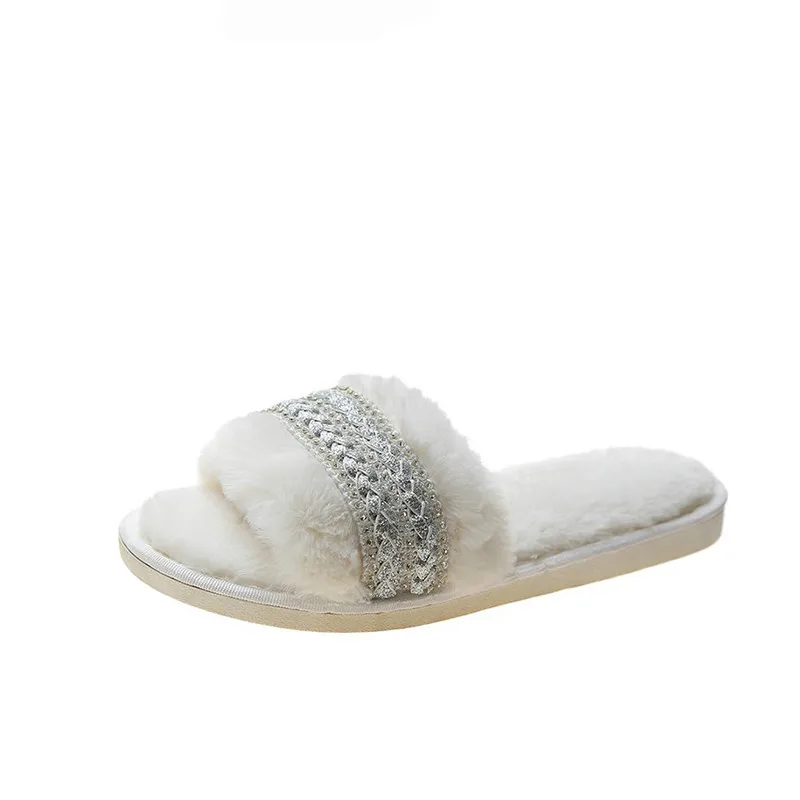 

Winter Fashion Women Home Slippers Faux Fur Warm Shoes Woman Slip on Flats Diamond Decoration 1.5cm Heel Plus Size 43 Slippers