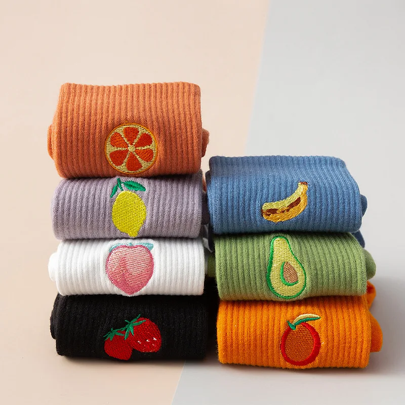 

Women's Long Socks Cute Korean Fruits Embroidery Avocado Socks Fashion Harajuku Funny Socks For Girl Students
