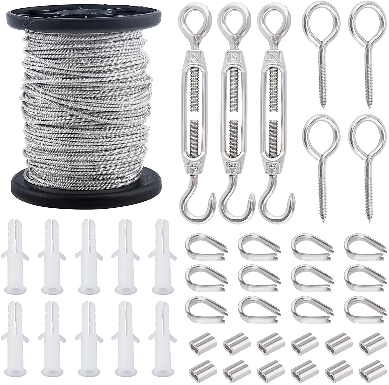 

Lights Hanging Kit 98ft 304 Stainless Steel Wire Cable Wire Rope Screw Eye Bails 20pcs Slide Charms Wire Protectors Turnbuckle