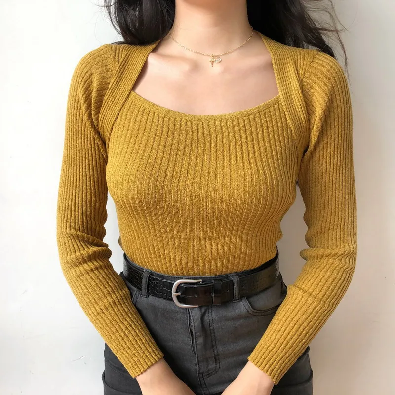 Women Square Neck Ribbed Jumper Casual Long Sleeve Rib Knit Top Sweater | Женская одежда