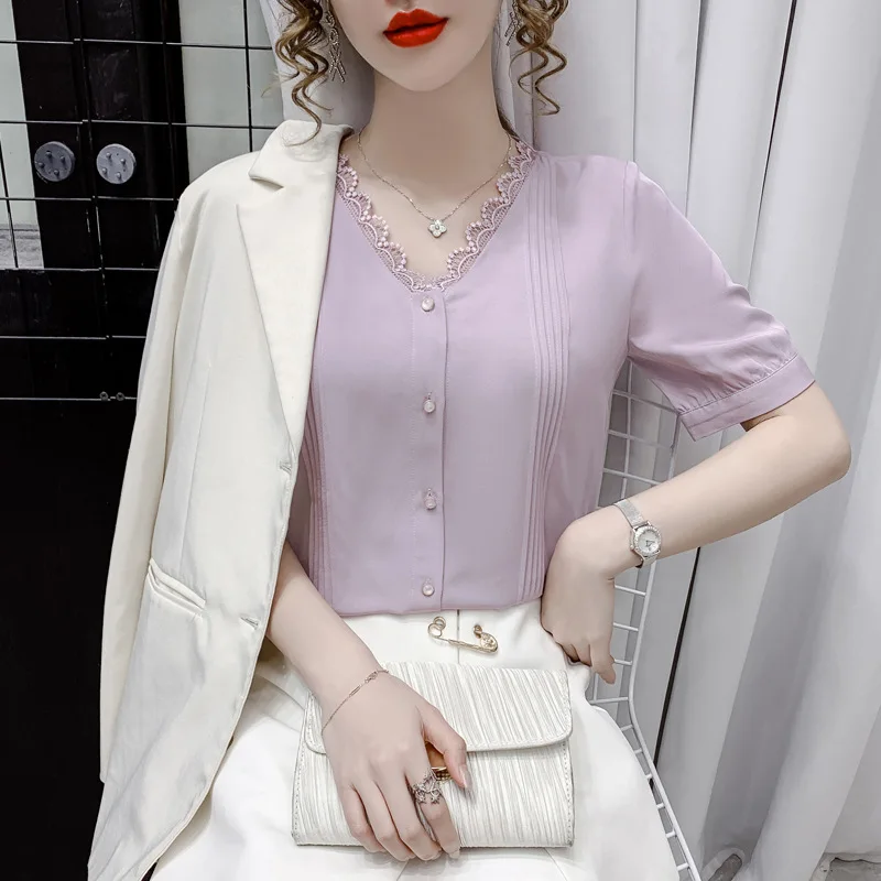 

Houthion Chiffon Loose Women's Blouses Fashion Short Sleeve Top Solid Color Buttons V-neck Shirt Summer New Casual Blouse