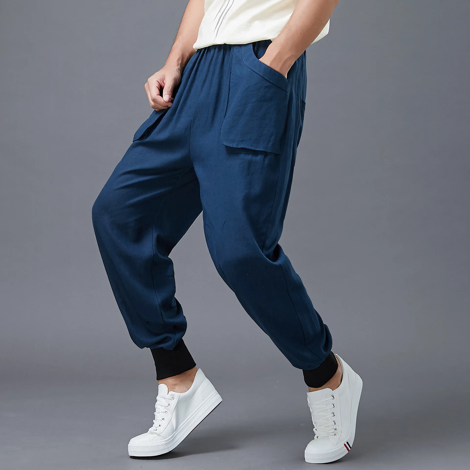 

Chinese style elastic wait linen loose casual pants men's cloth bag Kung Fu pants Chinese Pant men harajuku pants harem