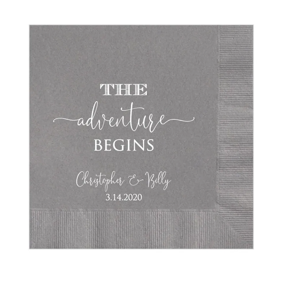 

Изготовленный На Заказ обед! Серые бумажные салфетки с принтом «Приключения начинается», винтажные свадебные салфетки, Коктейльные бумажн...