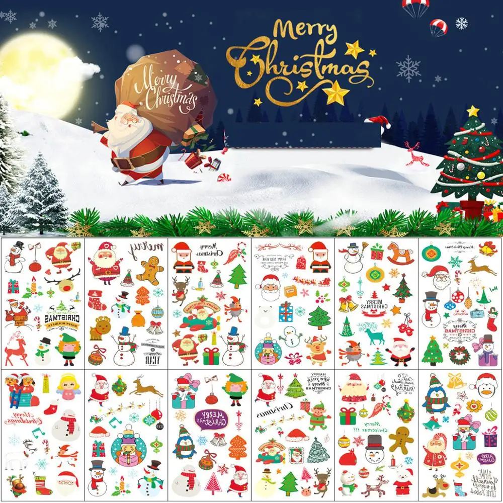 Lote de 6 hojas de calcoman&iacute;as para tatuajes temporales, calcoman&iacute;as de transferencia navide&ntilde;a para tatuajes de Pap&aacute; Noel y mu&ntilde;eco de nieve, regalo de decoraci&oacute;n facial para fiestas, 120 pegatinas-1