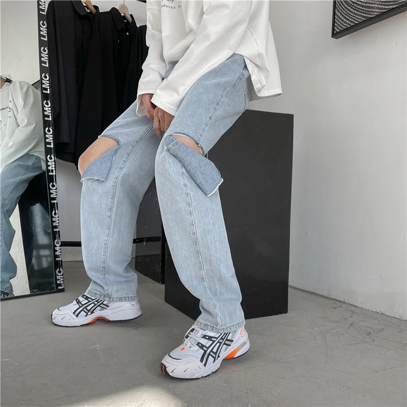 

Summer Ripped Jeans Men's Fashion Retro Casual Wide-leg Jeans Men Streetwear Loose Hip-hop Hole Straight Denim Trousers Mens