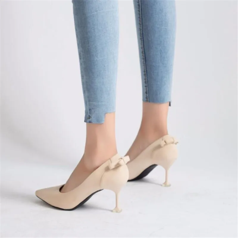 

2020 New Arrival Korean Concise Pointed Toe Office Shoes Women's Fashion BOW Solid Flock Shallow High Heels Shoes For Women