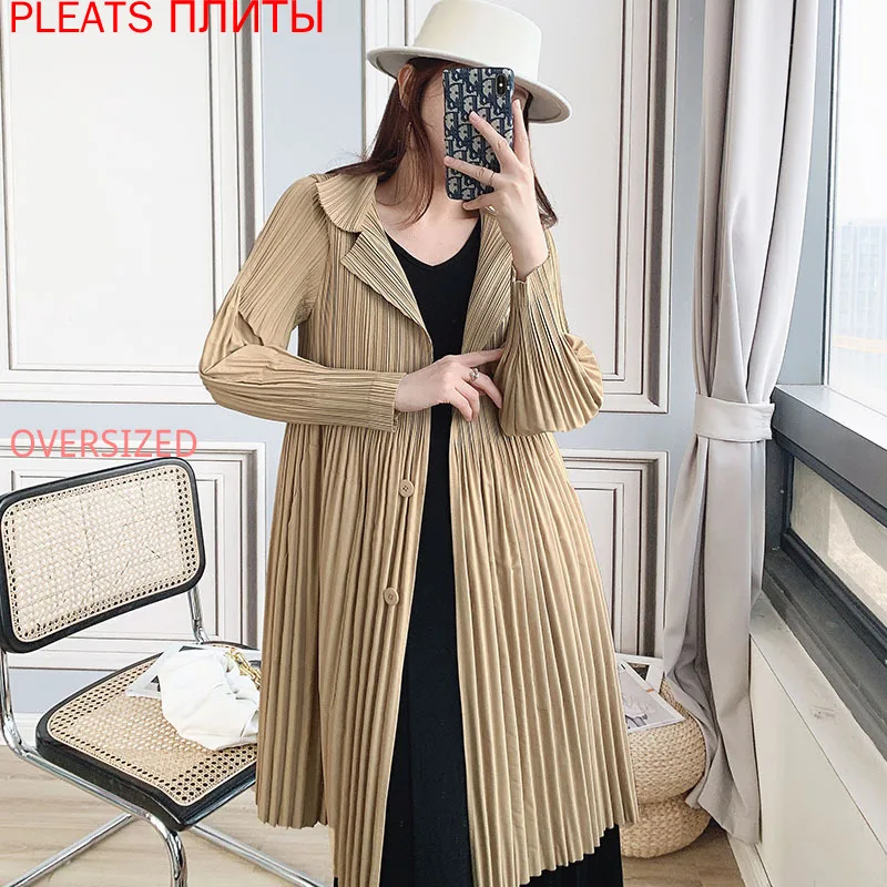

MIYAKE Pleated Windbreaker Women's Long Spring and Autumn Korean Style Single Breasted Casual Trench Coat Pleats Coat