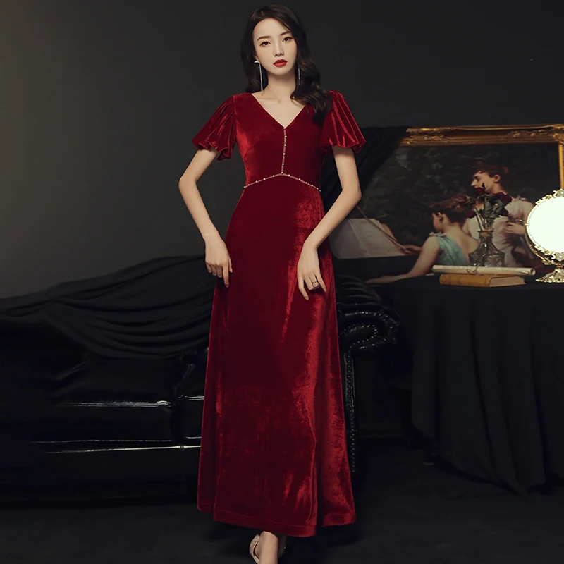 

Burgundy Sexy V-Neck New Evening Dress Pleat Short Sleeves Pearls Ankle-Length A-Line Simple Plus Size Women Formal Gowns D635