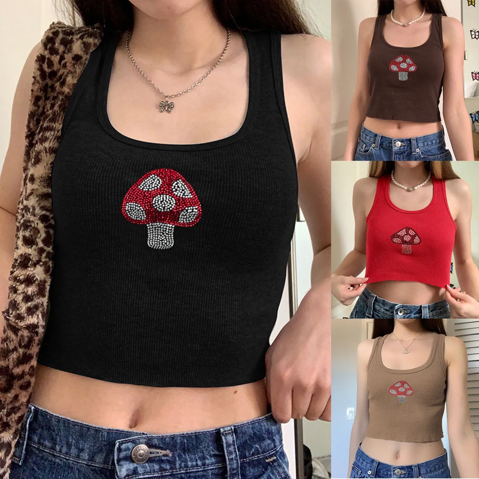 

Женский укороченный топ с принтом в виде грибов, пикантная модная майка Y2K, повседневные топы без рукавов, женский жилет, летняя одежда для ж...