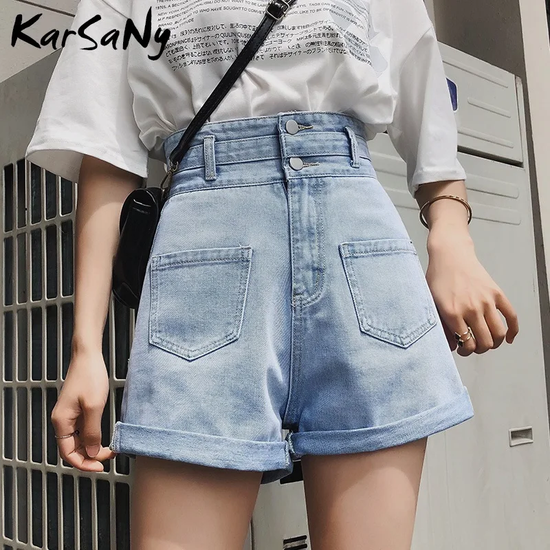 

KarSaNy High Waist Shorts Women Denim Loose 2021 Summer Short Jeans Casual Light Blue Vintage Women's Denim Shorts Crimping