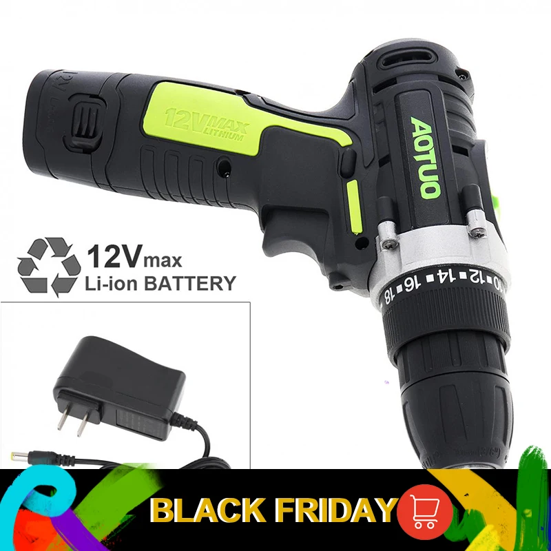 AOTUO Electric Screwdriver AC 100- 240V Cordless 12V Electric Drill with Li-ion Battery for Handling Screws / Punching