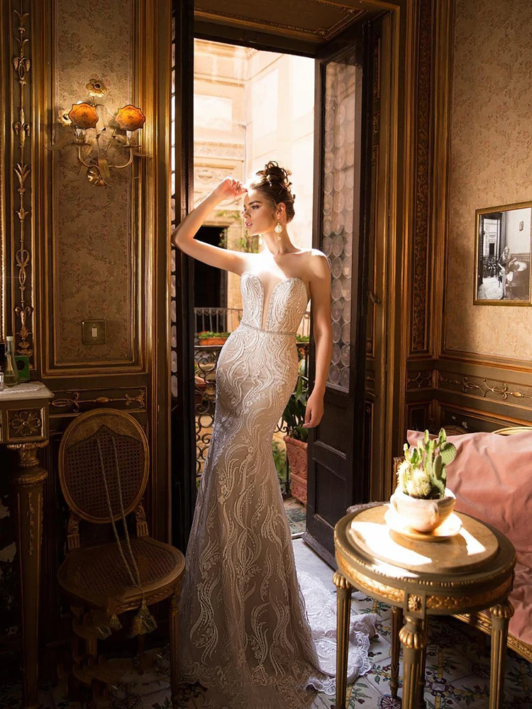 

BAZIIINGAAA Simple Wedding Dress Lace Little Beading Strapless Dress Luxury Wedding Gowns Bridal Can Be Washed Bride Dresses