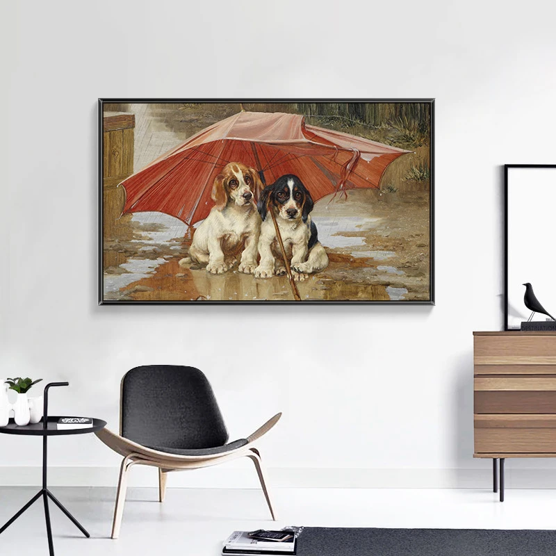 Poor Two Dogs under the Shabby Umbrella Oil Painting Prints on Canvas Wall Art Decorative Picture for Living Room Decor No Frame | Дом и сад