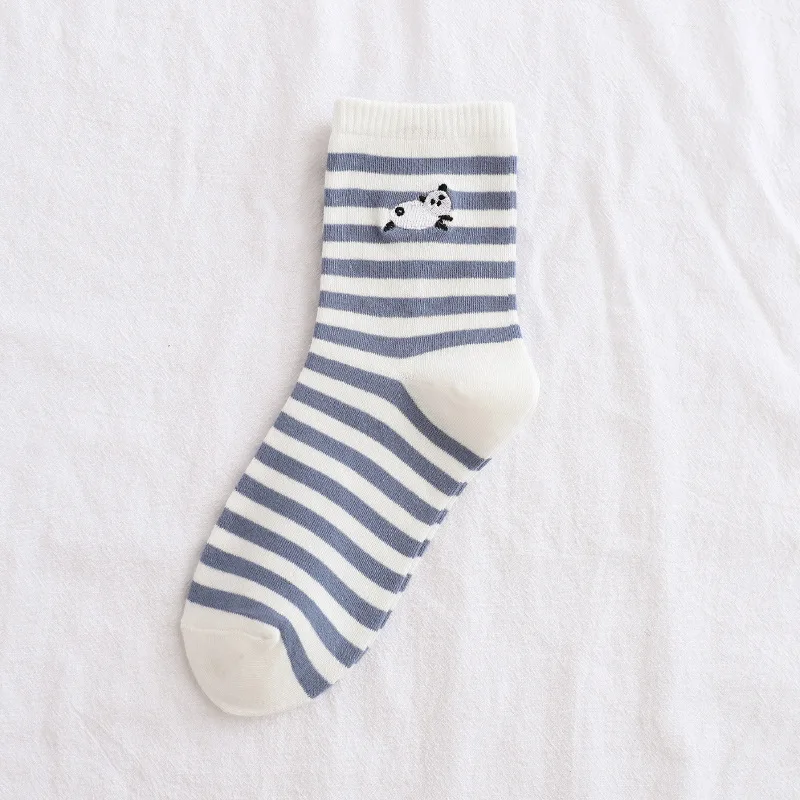 

5Pair Cute Women Socks Cartoon Animal Panda Embroidery Girls Socks White Blue Stripe Breathable Comfortable Fashion Cotton Socks
