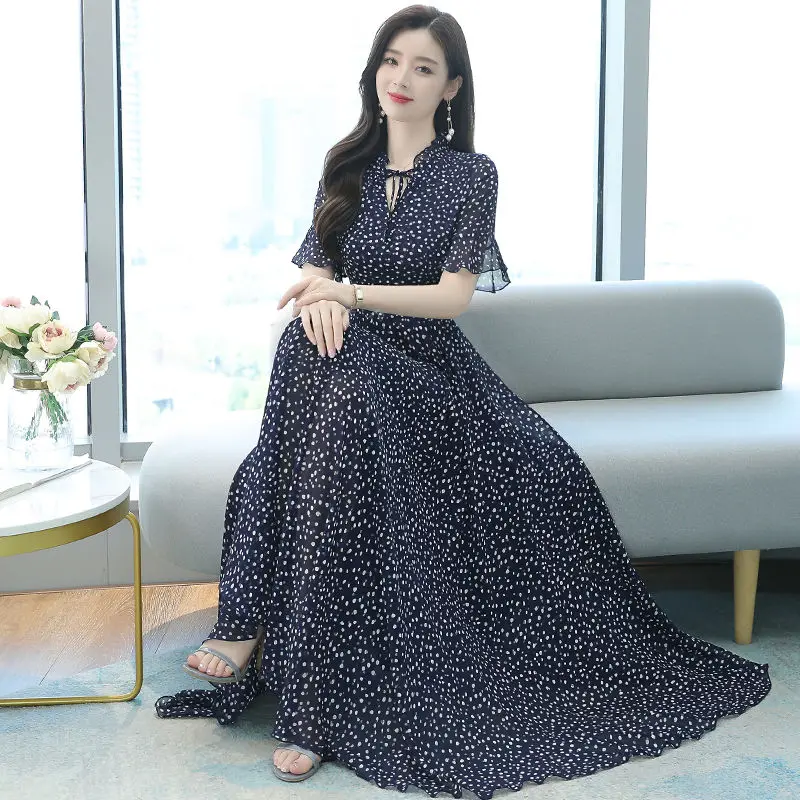 

Plus Size 2021 New Summer Silk Women Dresses Casual Short Sleeve Lady Vintage Chiffon Dress Fashion Slim Dot Print Beach Dress