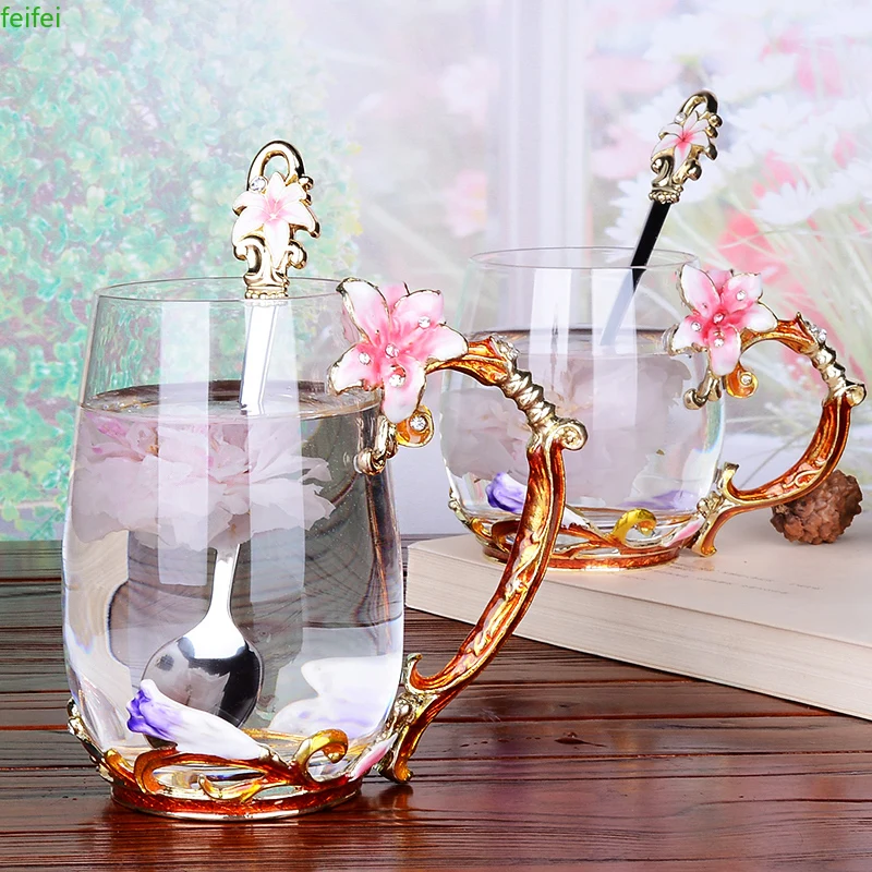 

Creative Enamel Glass Cup pink Lily flower Coffee cups Handgrip Style tea Lovers Heat-resistant Water cup glasses Drinkware
