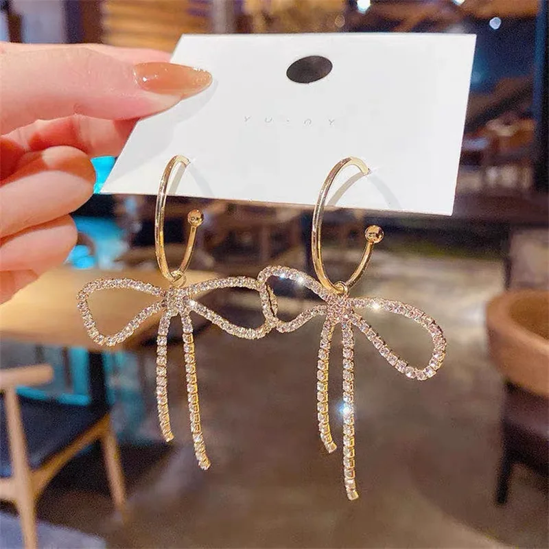 Крупные висячие серьги с кристаллами и бантом модные элегантные роскошные