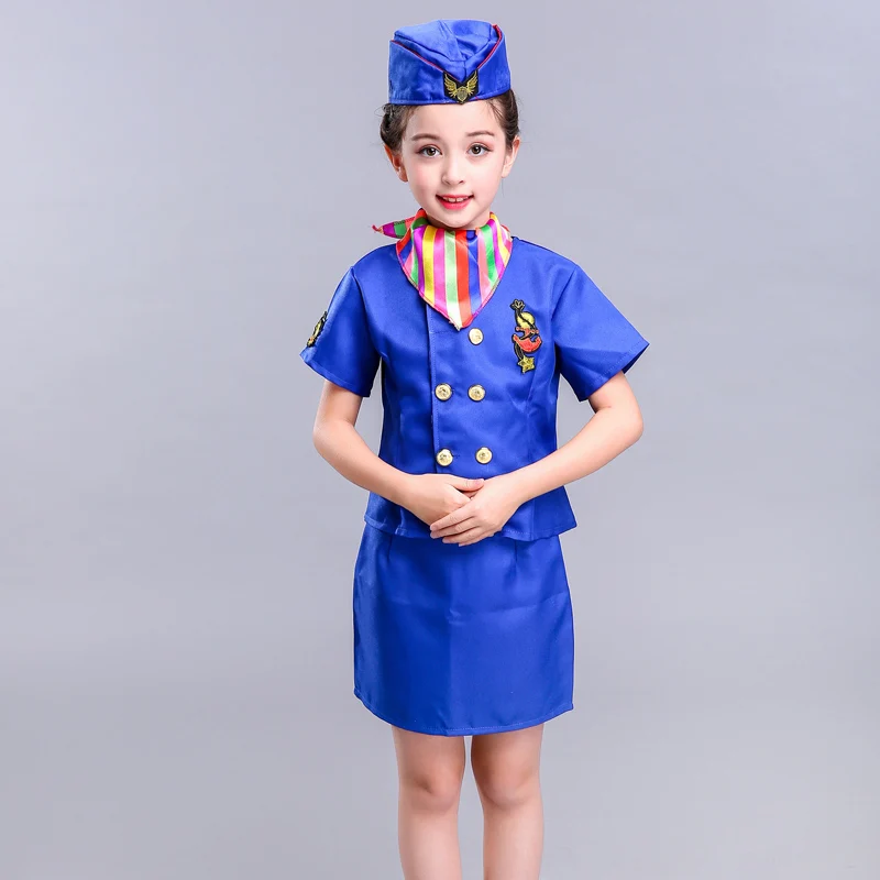 Blue short set Детский костюм стюардессы на Хэллоуин для девочек, костюм стюардессы самолета, стюардессы, официантки, школьная форма для танцев - Цвет: Blue short set
