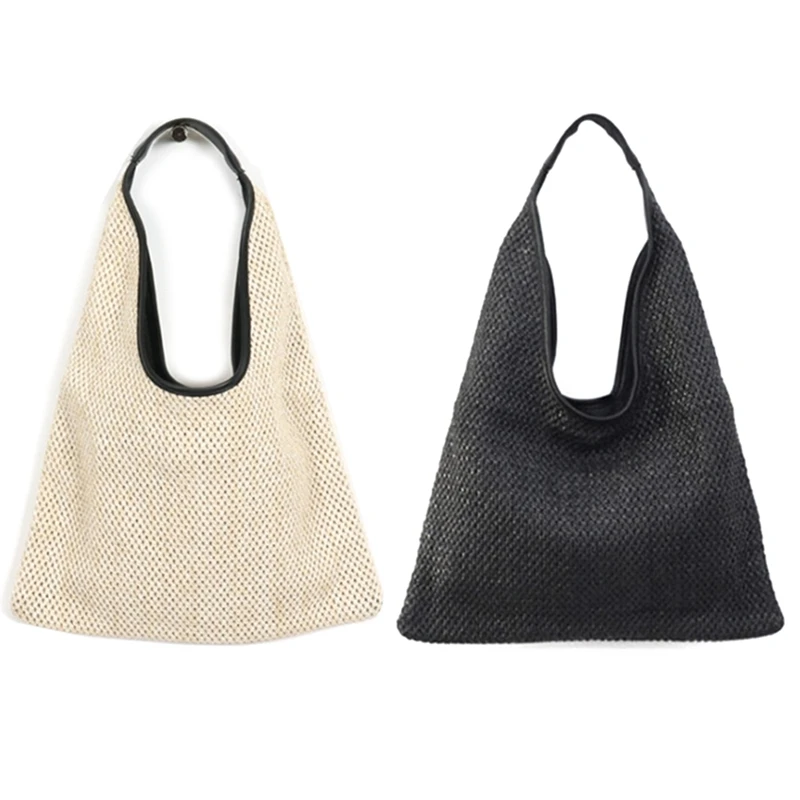 

ASDS-1 Pcs Shoulder Bags Wicker Woven Straw Bag Handbags Large Capacity Tote Female Summer Beach Purse, Black & Beige