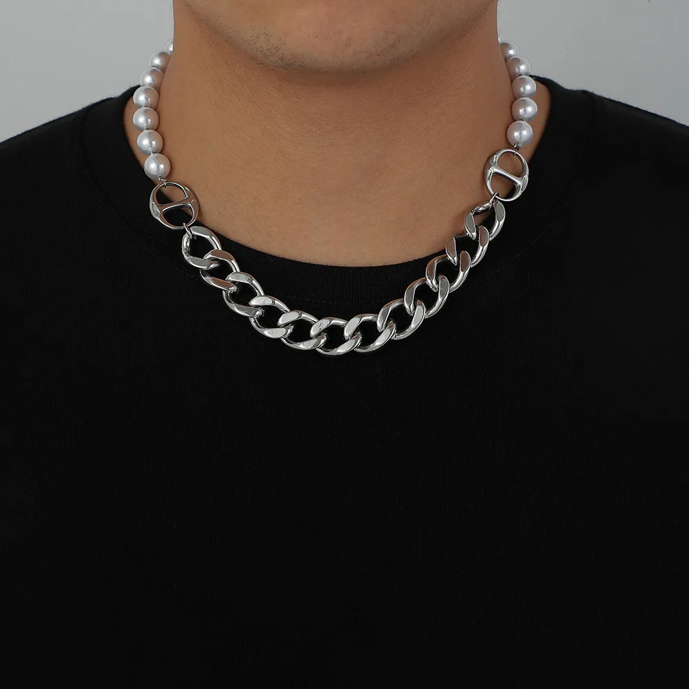 

WANGAIYAO Stainless Steel Clavicle Chain Without Pendant Pearl Necklace Titanium Steel Male Trendy Pig Nose Thick Chain Accessor