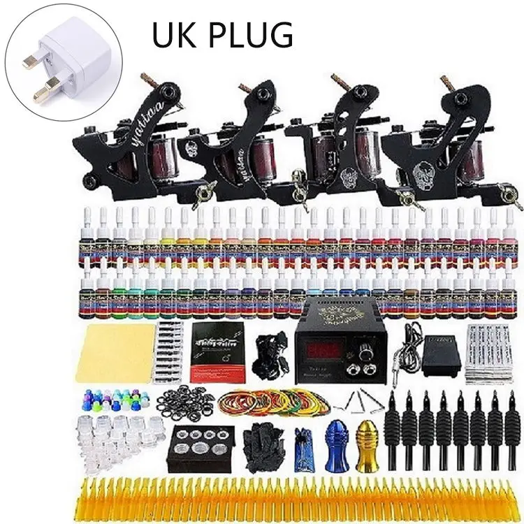 UK Plug Профессиональный набор для татуировок 4 Татто машины 10 катушечный пистолет Электропитание педаль игла для чернил наконечник Рукоятка аксессуары набор тату художников - Цвет: UK Plug
