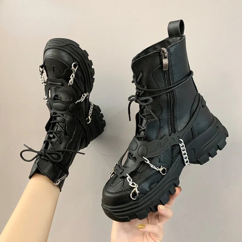 

New 2021 Leather Womens Ladies Ankle Boots Mid Heel Lace Up Worker Army Black Goth Shoes Autumn Sexy Chain High Quality