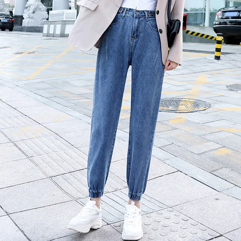 

Women's Jeans High Waist Loose Denim Pants Casual Preppy Style Elastic Waist Ankle-length Pants All-match Pants Pencil Pants