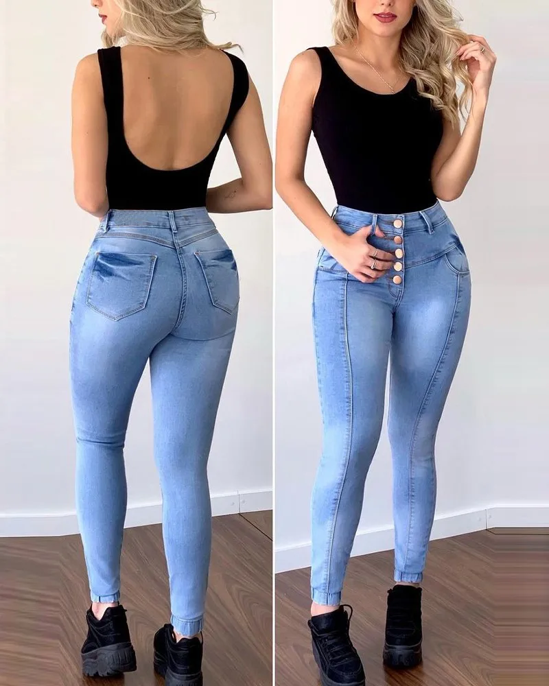

Button Fly High Waist Pocket Detail Skinny Jeans