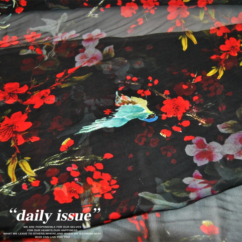 Silk Georgette Chiffon Fabric Dress Large Wide Black Red Flower Bird   Thin Transparent Skirt Shirt   DIY Patchwork Tissue
