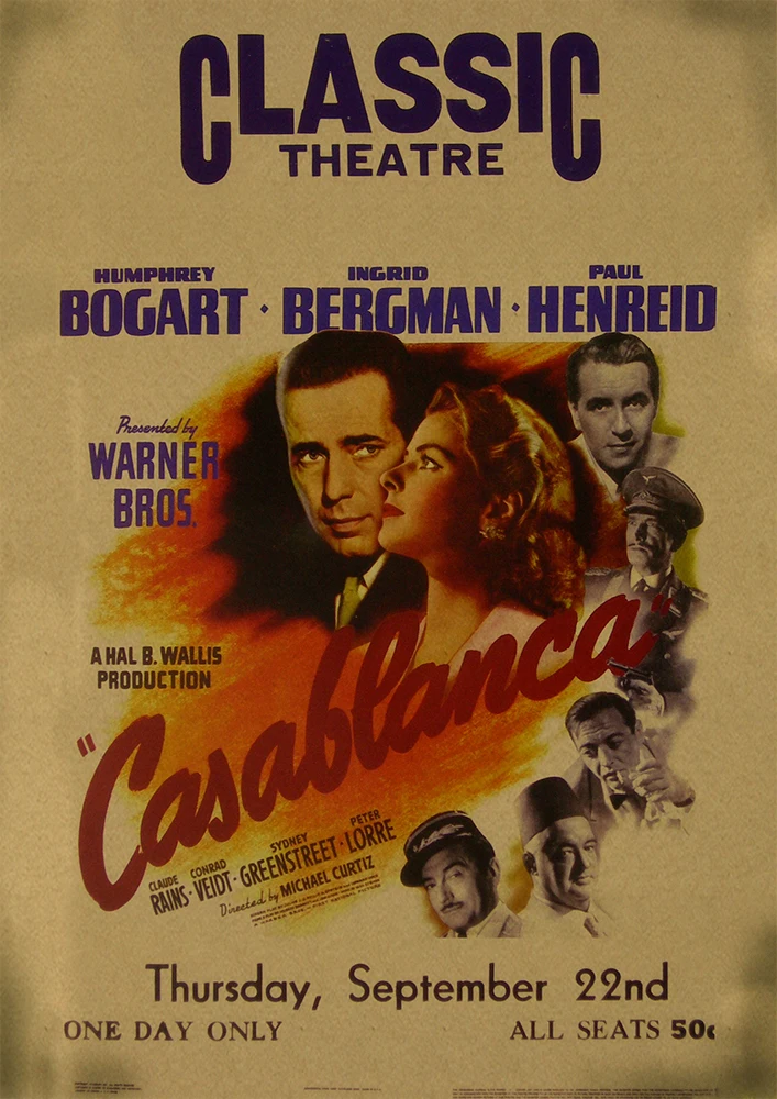 Casablanca Movie Poster, декоративная наклейка, плакат из крафт-бумаги, наклейка на стену, винтажная Наклейка на стену, настенный стикер по фильму - Цвет: 6
