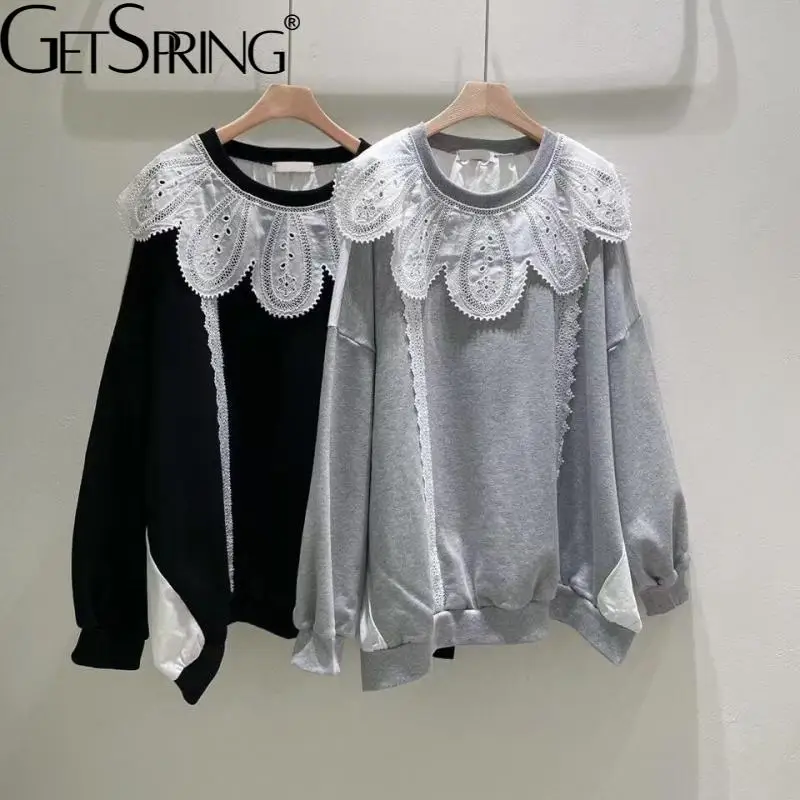 

GetSpring Women Hoodie Lace Stitching Cotton Female Sweatshirts Pullover Long Sleeve Loose Casual Ladies Autumn Tops Black 2021